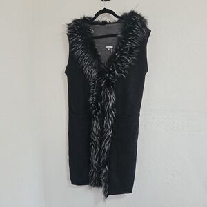 Womens SIONI Sz S/M Black Long Cardigan Duster Faux Fur Trim Whimsigoth Grunge